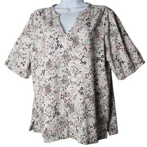 Lands End Women XL Floral Print V Neck Short Sleeve Tunic Top Blouse